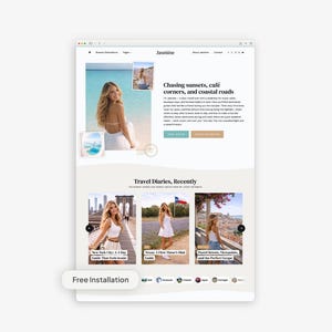 May include: A website design with the name "Jasmine" at the top, displaying the text "Chasing sunsets, café corners, and coastal roads." Below are travel blog entries with images and the words "Free Installation."