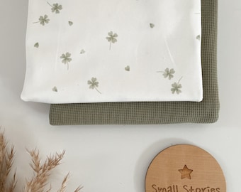 Fabric package waffle knit/jersey, olive/clover leaves, fabric duo for do-it-yourselfers, 0.5 m each