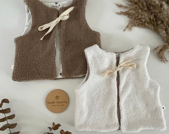 Teddy vest teddy plush taupe or ecru/off-white, jersey lining many designs to choose from, cotton tie strap