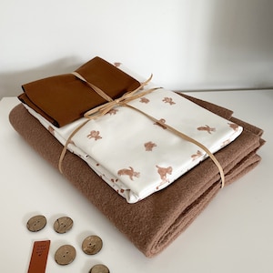 Fabric package wool walk Jersey Cuffs brown tones, teddies, polka dots, fabric package, gift set, diy fabric box image 1