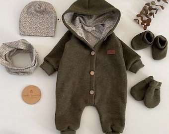 Wool walk suit overall outdoor outfit 100% virgin wool khaki/fir, fully lined, with beanie, loop, mittens and shoes size. 86