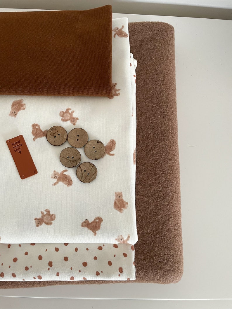 Fabric package wool walk Jersey Cuffs brown tones, teddies, polka dots, fabric package, gift set, diy fabric box image 2