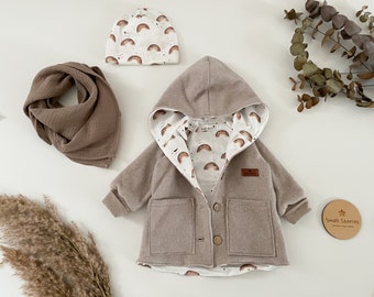 Kinderjacke Übergangsjacke Baumwollfleece in beige meliert, mit Baumwolljersey gefüttert, Mütze optional, 74-122, Komplettes Outfit optional