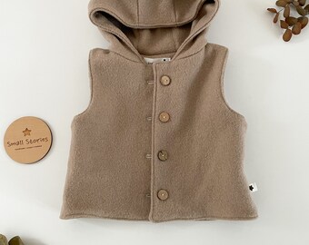 Wool walk vest beige/sand double-layered, round hood with ears, children's vest, coconut buttons, pure new wool