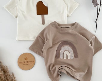 Oversized T-Shirt, Boxy-Shirt, Sommershirt Kinder, Loose Fit T-Shirt, Shirt Applikation Eis am Stiel, Regenbogen,  beige creme, Baby/Kind