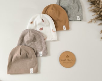 Kinder-Mütze Baby-Mütze, Übergangsmütze, doppellagige Mütze, Rib-Beanie, Ribjersey, softe Naturtöne, Sonnen-Label