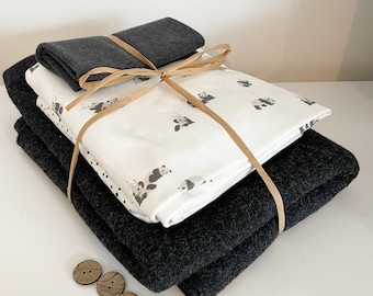 Fabric package wool walk | Jersey | Cuffs dark gray, pandas, polka dots, fabric package, gift set, diy fabric box