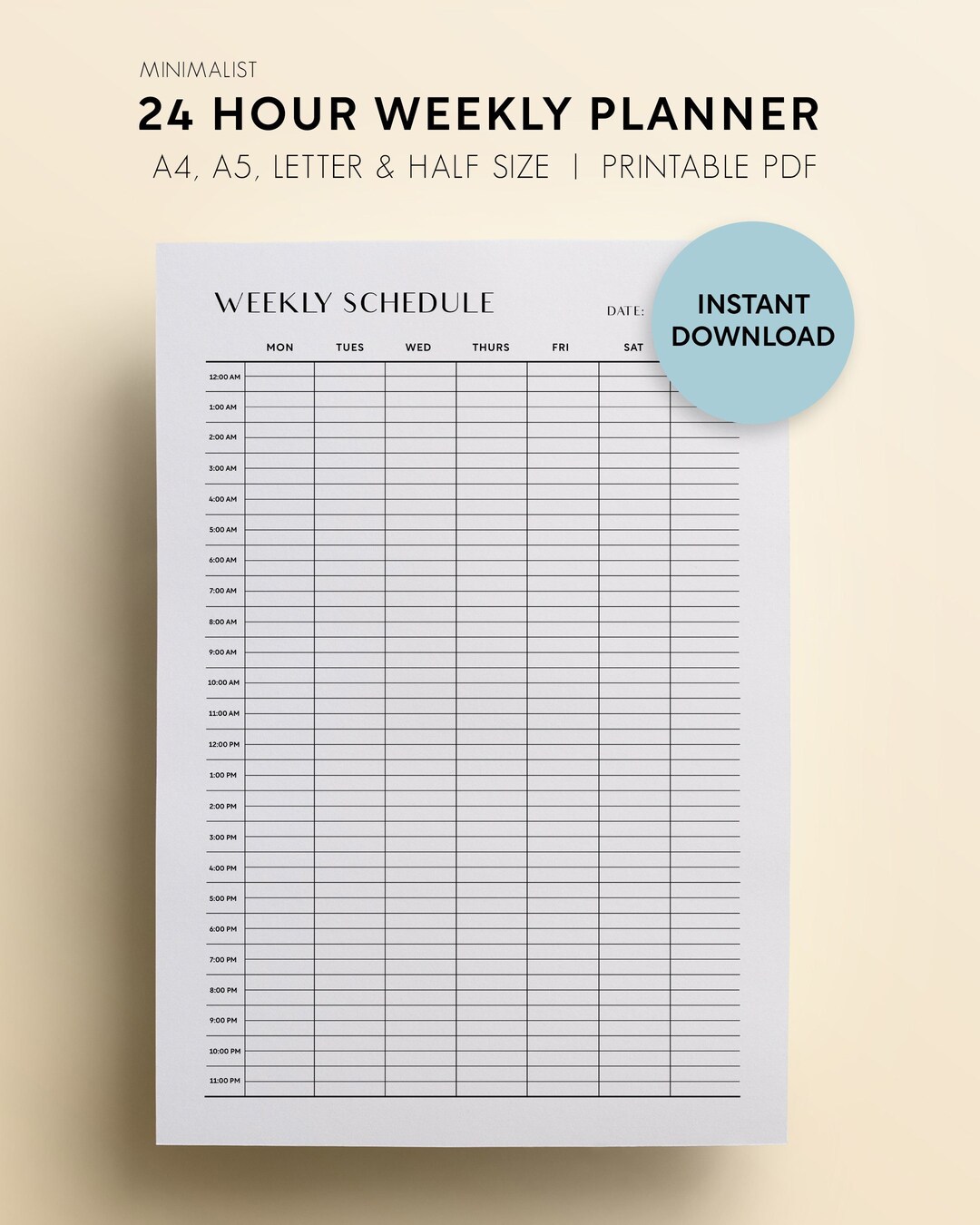 24 Hour Weekly Planner Printable 24 Hour Weekly Schedule - Etsy