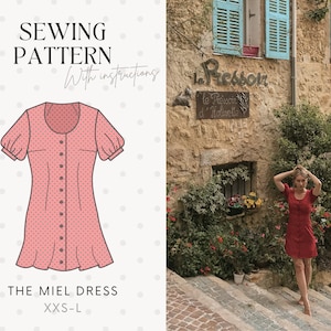 Geknöpftes Kleid mit Puffärmeln | Sofortiger Download PDF Schnittmuster | Druckbares Kleid Muster | XXS-L | A4, US Letter, A0 | Das Miel Kleid