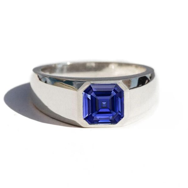 3 Asscher Cut Sapphire Ring, Men's Signet Ring, 14K White Gold, Men's Engagement Ring, Anniversary Gift, Handmade Jewelry, Men's Jewelry