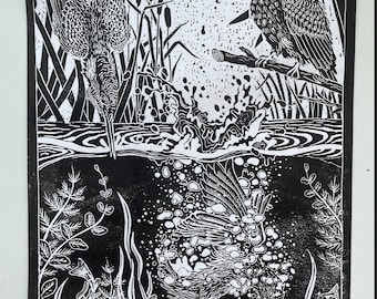 Kingfisher, River Scene - A4 Linocut Handmade Print