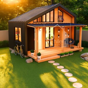Puede incluir: Una peque&ntilde;a caba&ntilde;a moderna con techo y revestimiento negros, y un porche de madera. Una bicicleta amarilla est&aacute; aparcada junto a la caba&ntilde;a. La caba&ntilde;a est&aacute; rodeada de hierba verde y &aacute;rboles. El texto "hilehomes" es visible.