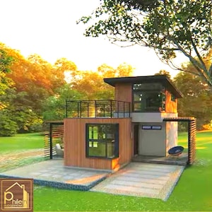 Gezellig modern huis 52 m² met 2 slaapkamers veranda en dakterras | Basisplattegrond met verhogingen en doorsneden | Digitale download