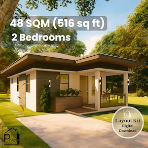 Pode incluir: Vista exterior de uma casa moderna de um andar, com fachada branca e castanha. A imagem mostra a casa com uma planta de 48 m² e dois quartos. A casa tem uma pequena varanda e é rodeada por relva verde e árvores.