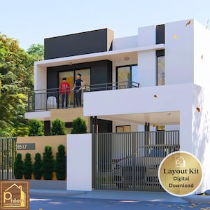 Elegant Modern House Design 84 sqm with 2 Bedroom, porch and 2 balcony | Basic Floor Plan, Elevations with CAD file | Instant Download