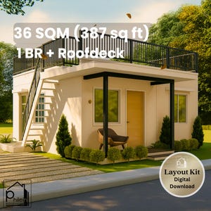 Peut inclure: Une représentation numérique d'une petite maison moderne avec une terrasse sur le toit. La maison est beige avec des bordures noires et une balustrade noire. Le texte sur l'image indique "36 m² (35.3 m²) 1 BR + Roofdeck" et "Layout Kit Digital Download".