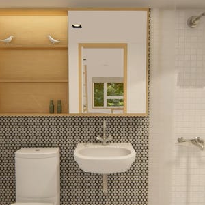 May include: A modern bathroom design featuring a white toilet, sink, and shower. The walls are tiled with a mix of small black and white mosaic tiles and larger white square tiles. A wooden cabinet with shelves and decorative birds is above the toilet.