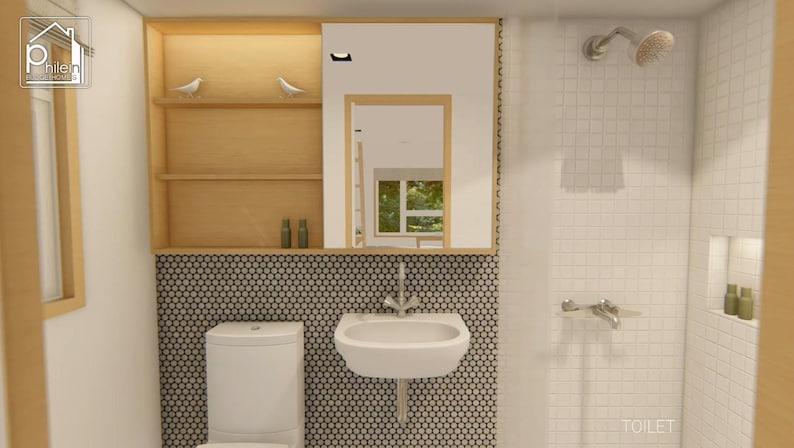 May include: A modern bathroom design featuring a white toilet, sink, and shower. The walls are tiled with a mix of small black and white mosaic tiles and larger white square tiles. A wooden cabinet with shelves and decorative birds is above the toilet.