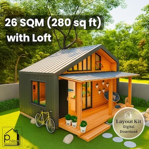 Peut inclure: Une petite maison avec un loft, avec un extérieur gris foncé et un porche en bois. L'image comprend le texte "26 m² (241 pi²) avec Loft" et "Layout Kit Digital Download". Un vélo jaune est garé à proximité.