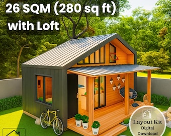 Peut inclure: Une petite maison avec un loft, avec un extérieur gris foncé et un porche en bois. L'image comprend le texte "26 m² (241 pi²) avec Loft" et "Layout Kit Digital Download". Un vélo jaune est garé à proximité.