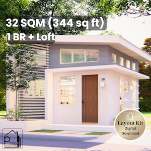 May include: A contemporary house design with a white and grey exterior. The image includes text indicating the house is 32 m² with 1 BR + Loft. A logo and text "Layout Kit Digital Download" are also visible.