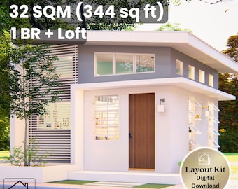 Peut inclure: Conception de maison moderne à deux étages avec un extérieur blanc et gris. L'image comprend du texte indiquant que la maison fait 32 m² avec 1 chambre + Loft. Un logo et le texte "Layout Kit Digital Download" sont également visibles.