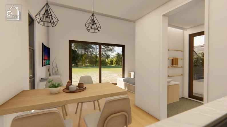 May include: Interior view of a modern dining area with a wooden table and chairs. Geometric pendant lights hang above the table. A large window offers a view of the outdoors. The room is painted in neutral colors.