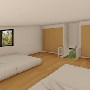 Puede incluir: Un interior de dormitorio moderno con dos camas cubiertas con ropa de cama blanca. La habitaci&oacute;n cuenta con una gran ventana con vistas a los &aacute;rboles, pisos de madera y puertas de armario de color marr&oacute;n claro. Las paredes son blancas.