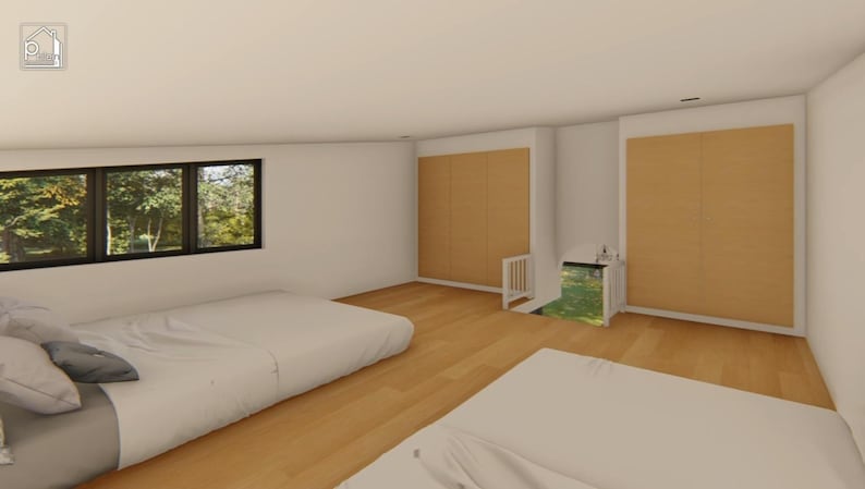 Puede incluir: Un interior de dormitorio moderno con dos camas cubiertas con ropa de cama blanca. La habitaci&oacute;n cuenta con una gran ventana con vistas a los &aacute;rboles, pisos de madera y puertas de armario de color marr&oacute;n claro. Las paredes son blancas.