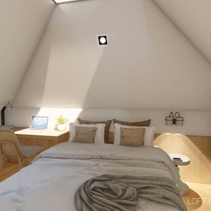 May include: A modern loft bedroom with a sloped ceiling and a desk area. The bed is made with a white comforter and pillows. A laptop sits on the desk, and a small plant adds a touch of greenery. The room has a minimalist design.