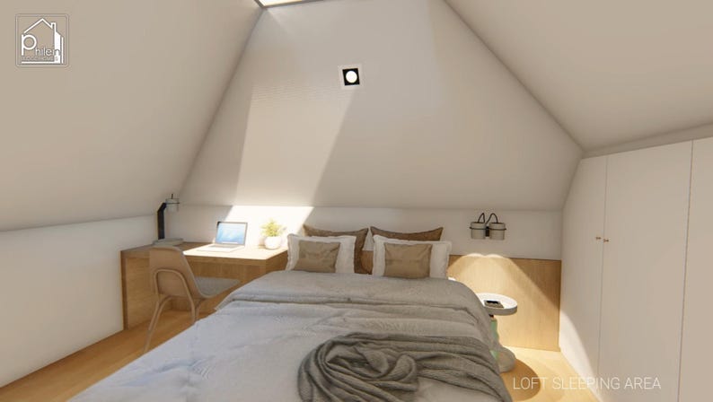 May include: A modern loft bedroom with a sloped ceiling and a desk area. The bed is made with a white comforter and pillows. A laptop sits on the desk, and a small plant adds a touch of greenery. The room has a minimalist design.