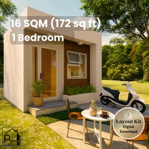 May include: A modern, one-bedroom home design, 172 sq ft, with a white exterior, wooden accents, and a small patio. Includes a white scooter, a small table, and two chairs. Text on the image reads: "16 SQM (172 sq ft) 1 Bedroom" and "Layout Kit Digital Download."
