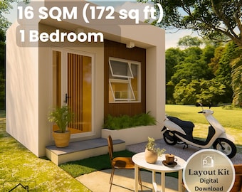 Plan de petite maison moderne grenat de 13 pi x 13 pi - studio 1 chambre de 172 pieds carrés - téléchargement immédiat - plan d'étage de 16 m² PDF