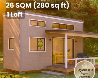 Peut inclure: Une petite maison moderne avec un extérieur marron clair et un seul loft. L'image montre la maison avec un porche, des fenêtres et le texte "26 SQM (26 m²)" et "1 Loft". La maison est entourée d'herbe verte et d'arbres.