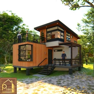 Stylish Modern House Plan 61 sqm. with 3 bedrooms, veranda, porch, and roof deck | Floor Plan | 4 Elevations 2 Sections | Digital Download
