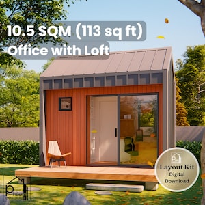 May include: A small office with a loft, featuring a wooden exterior and a gray metal roof. The image shows a sliding glass door and a small window. The text on the image reads "10.5 SQM (113 sq ft) Office with Loft" and "Layout Kit Digital Download."