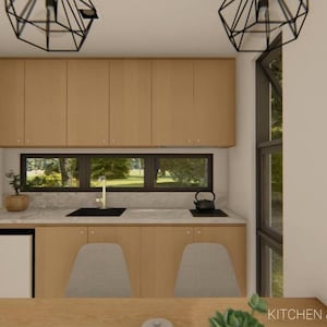 May include: A modern kitchen and dining area with light wood cabinets, a stainless steel sink, and a small refrigerator. The room has a window with a view of the outdoors and two geometric pendant lights. The text "KITCHEN & DINING AREA" is visible.