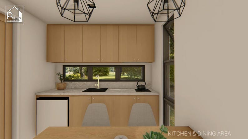 May include: A modern kitchen and dining area with light wood cabinets, a stainless steel sink, and a small refrigerator. The room has a window with a view of the outdoors and two geometric pendant lights. The text "KITCHEN & DINING AREA" is visible.