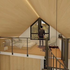 May include: Interior rendering of a modern loft space with a wooden ceiling and a small balcony. The balcony has a metal railing and a bed. A person is standing near a large window. A white chair is on the right side of the balcony.