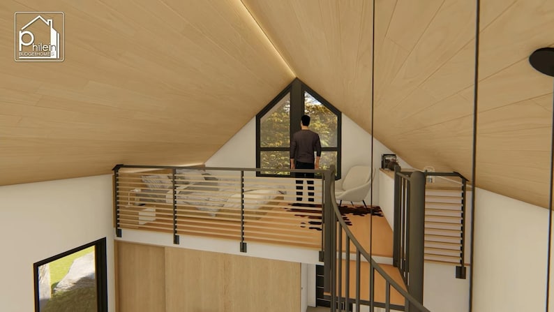 May include: Interior rendering of a modern loft space with a wooden ceiling and a small balcony. The balcony has a metal railing and a bed. A person is standing near a large window. A white chair is on the right side of the balcony.