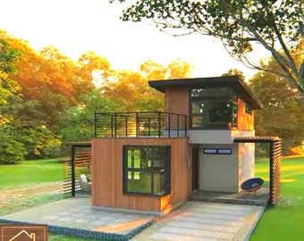 Funktionales, Modernes Haus Plan 52 m² mit 2 Schlafzimmer, Veranda und Dachdecker Grundriss | 4 Ansichten 2 Abschnitte | Digitaler Download