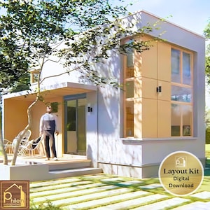 Tiny House-ontwerp van 36 m² met veranda en slaapkamer op vliering - plattegrond - hoogtesecties - digitale download