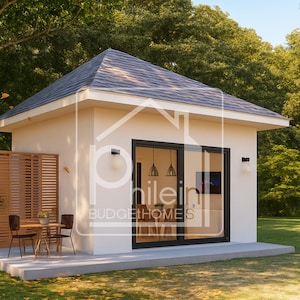 May include: A modern, small house with a gray roof and white walls. The house has large glass doors and windows, with a small patio area featuring a table and chairs. The text "philein BUDGETHOMES" is visible on the front of the house.