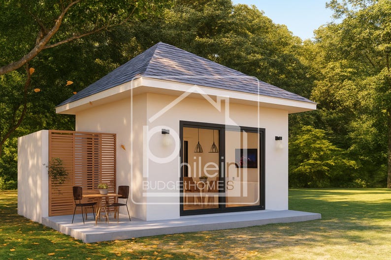 May include: A modern, small house with a gray roof and white walls. The house has large glass doors and windows, with a small patio area featuring a table and chairs. The text "philein BUDGETHOMES" is visible on the front of the house.