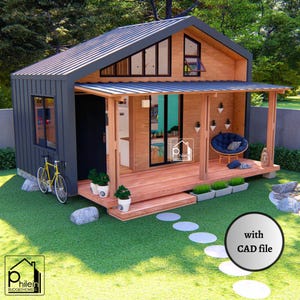 Gezellige plattegrond van een tiny house met slaapkamer op de vliering: 26 m² | Ruimtebesparend ontwerp | Lay-outkit met CAD-bestand | Direct downloaden