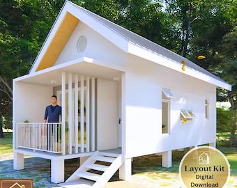 44 sqm Small House Plan - 1 Bedroom Loft & Porch - Floor Plan Elevations - Instant Download