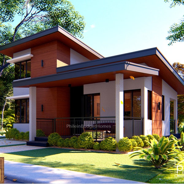 Modern House Design, with 3 bedrooms, porch & service area, Basic Floor Plan, Elevation sections with AutoCAD, Digital Download