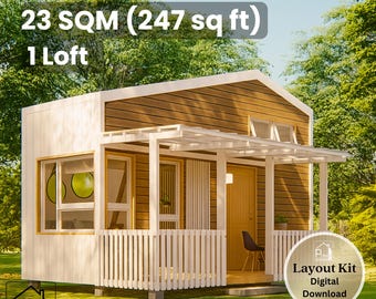 8' x 20' Veronica Cottage House Plan - 247 Sq Ft 1 Loft with Porch - Floor Plan & Elevations - Instant Download PDF - 23 sqm Tiny Home