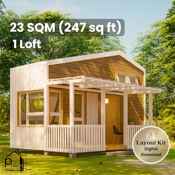 8' x 20' Veronica Cottage House Plan - 247 Sq Ft 1 Loft with Porch - Floor Plan & Elevations - Instant Download PDF - 23 sqm Tiny Home