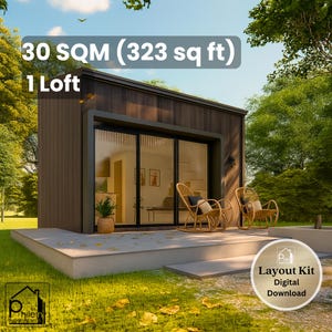 ロフト付き30平方メートルのキャビンプラン - タイニーホームデザイン - 間取り図と立面図 - 即時ダウンロード